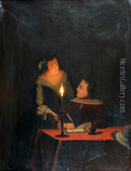 Een Jong Koppel Bij Kaarslicht Oil Painting - Johannes Rosierse