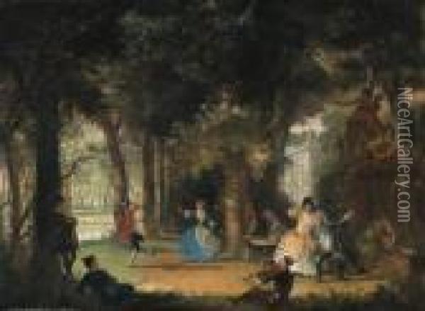 The Garden Of A Mansion With Elegant Company Making Music Anddancing Oil Painting - Cornelis Troost