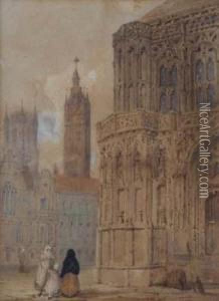 Figures Outside An Abbey Oil Painting - John Mogford