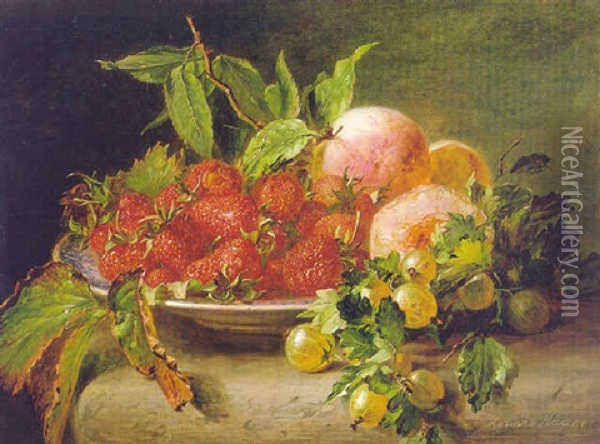 Still Life With Peaches And Strawberries Oil Painting - Adriana Johanna Haanen