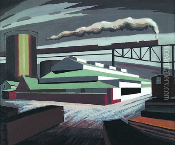 Gas Works And Railroad Bridge, Poughkeepsie, New York, 1930-35 Oil Painting - Thomas Weeks Barrett