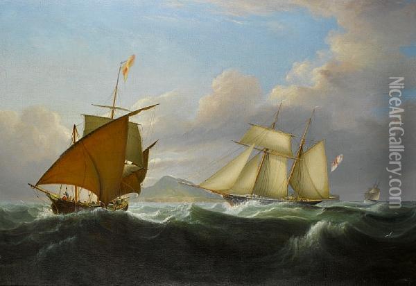 Lord Belfast's Yacht Emily Off Themediterranean Coast With A Xebec Off Her Port Bow Oil Painting - John Lynn