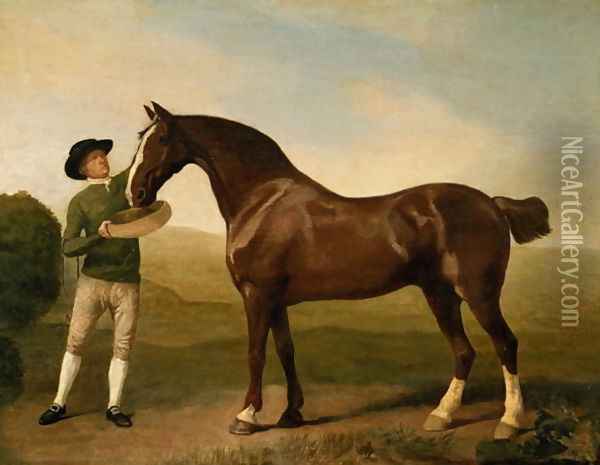 Groom feeding a bay hunter in a landscape Oil Painting - George Stubbs