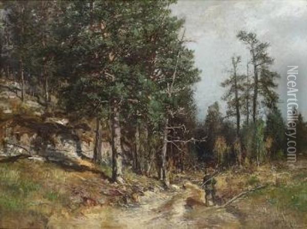 Skogslandskap Med Jeger Og Hund 1891 Oil Painting - Morten Muller