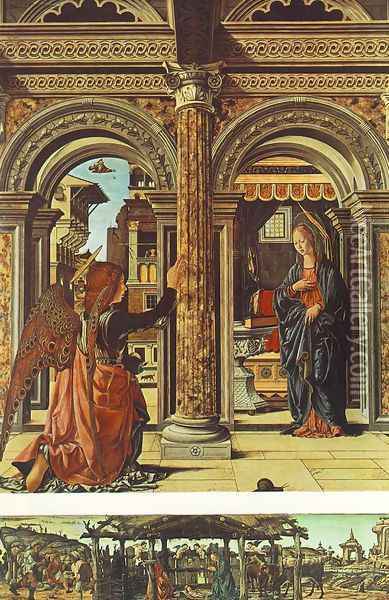 Annunciation and Nativity (Altarpiece of Observation) 1470 Oil Painting - Francesco Del Cossa