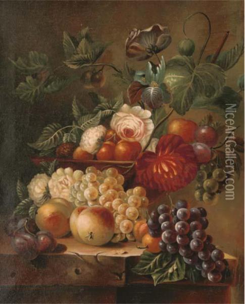 Flowers And Fruit In A Bowl Oil Painting - Jan Van Huysum