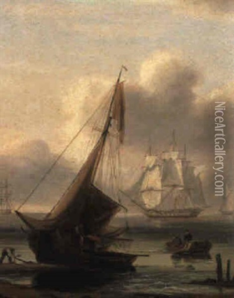 A Beached Fishing Boat, Other Shipping Beyond Oil Painting - Thomas Luny