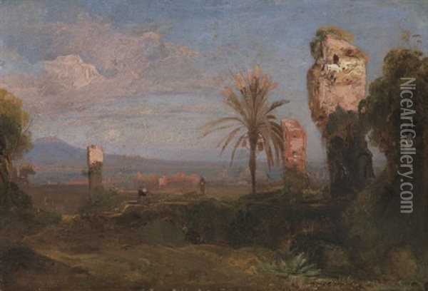 Sudliche Landschaft Mit Ruinen Und Palmen Oil Painting - Friedrich August Elsasser