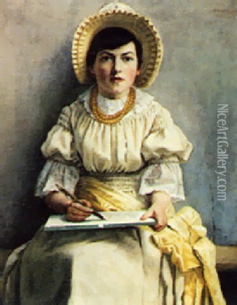 A Portrait Of A Young Girl Seated, Dressed In Yellow Oil Painting - Joseph Arthur Bennett