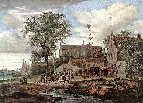 Tavern with May Tree 1664 Oil Painting - Salomon van Ruysdael