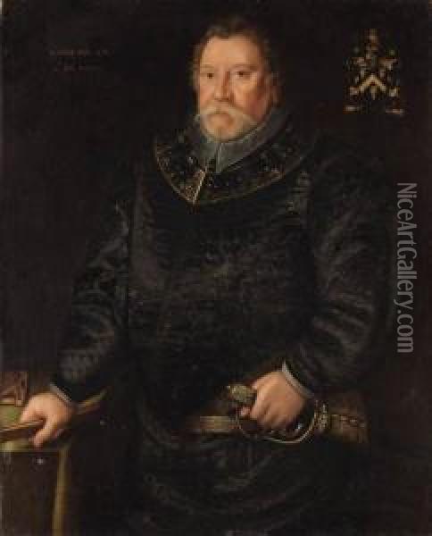 Portrait Of Stephen Bull, Master
 Gunner Of England, Half-length, Ina Black Doublet And A Gorget, His 
Left Hand Resting On The Hilt Ofhis Sword Oil Painting - Marcus Ii Gerards