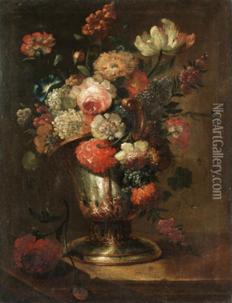 Still Life With Roses, Carnations, Narcissi And Various Other Flowers Together In An Urn On A Stone Ledge Oil Painting - Benito Espinos