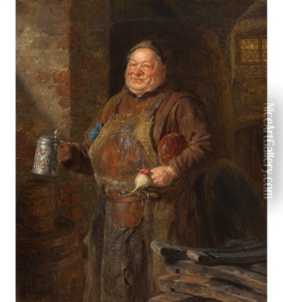 Brotzeit - Monch Mit Bierhumpen, Rettich Und Brotlaib, 1900 Oil Painting - Eduard von Gruetzner