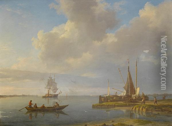 Unloading Barges On The Banks Of The Scheldt, With A Trading Brig Anchored In The River And The Spires And Towers Of Antwerp Beyond Oil Painting - Johannes Hermanus Koekkoek