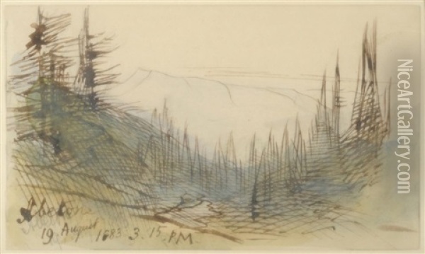 Abetons - A View Of Mountains Through Trees Oil Painting - Edward Lear