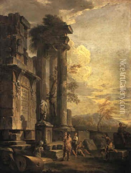 Figures Conversing Before The Ruins Of A Roman Tomb Oil Painting - Giovanni Paolo Panini