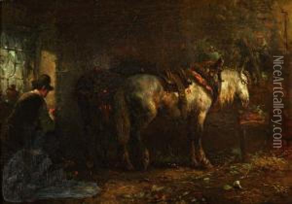 Stalinterieur Met Twee Paarden Oil Painting - Hendrik Van Ingen