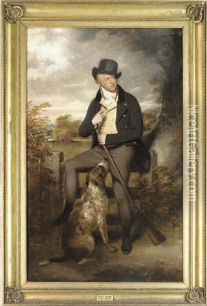 Portrait Of Richard Thompson In A Dark Coat With A Yellow Waistcoat, Seated On A Fence Holding A Gun And Powder Flask, A Retriever At His Feet Oil Painting - Sir William Beechey