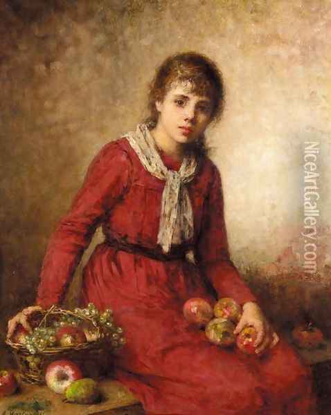 Girl with Fruit Oil Painting - Alexei Alexeivich Harlamoff