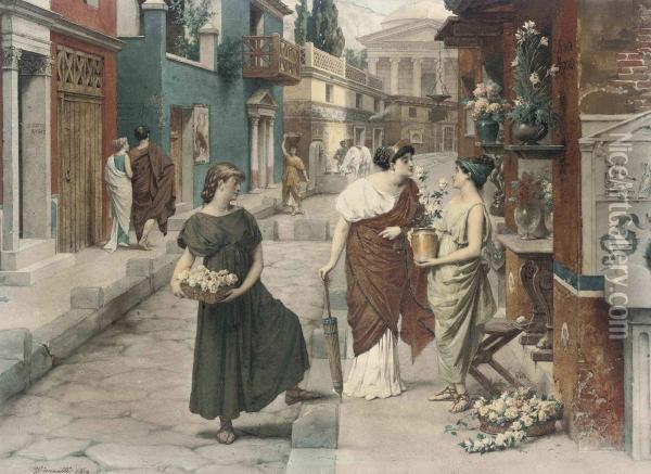 Selling Flowers On A Roman Street Oil Painting - Raffaele Giannetti