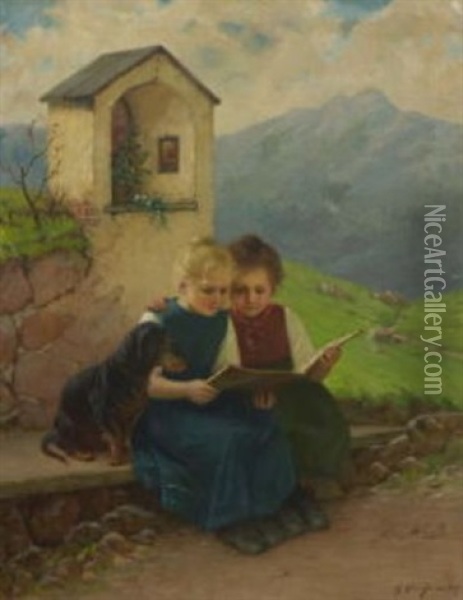Zwei Lesende Madchen Mit Dackel Bei Einem Bildstock In Gebirgslandschaft Oil Painting - Theodor Kleehaas