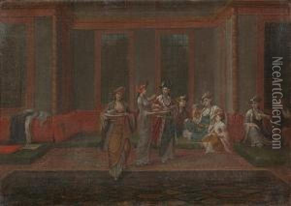 A Turkish Interior With A Maid Serving Coffeein Oil Painting - Jan-Baptiste Vanmour