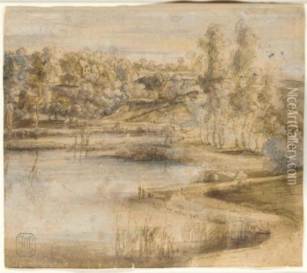 Wooded Landscape With A Lake And Cottages In The Distance Oil Painting - Lucas Van Uden