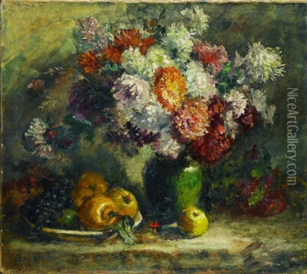 Blumenbouquet In Einer Vase Und Eine Schussel Mit Apfeln Oil Painting - Anna Peters