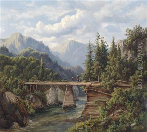 Wooden Bridge Over A Mountain Stream With Decorative Figures Oil Painting - Edmund Hod