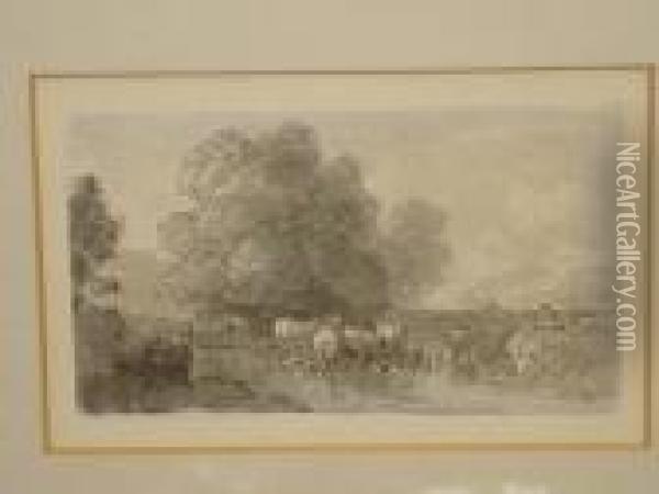 A Pair Of Sketches, Cattle Watering And A Country Lane Oil Painting - John Glover