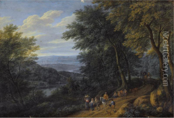 A Wooded Landscape With Figures Travelling Along A Path Oil Painting - Adriaen Frans Boudewijns