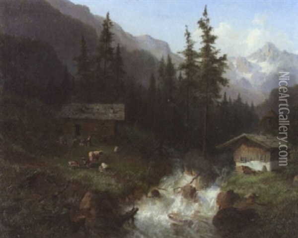 Alm Am Wildbach In Den Tiroler Alpen Oil Painting - Carl Georg Koester
