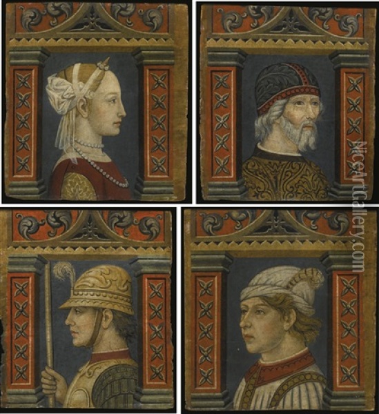 A Set Of Four Portraits Of A Young Lady, A Boy, An Old Man And A Soldier, From A Decorative Frieze Oil Painting - Bonifacio Bembo