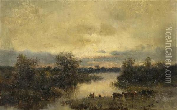 A River Landscape With Shepherds And Cows Oil Painting - Jules Dupre