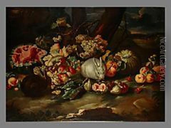 Grosses Fruchtestilleben Mit Zwei Hasen Oil Painting - Giovanni Paolo Castelli Spadino