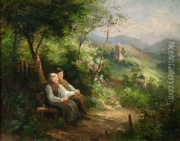 Rast Am Wegrand. Blick In Eine Weite Landschaft Mit Einem Rastenden Paar Auf Einer Bank Oil Painting - Marie Oesterley