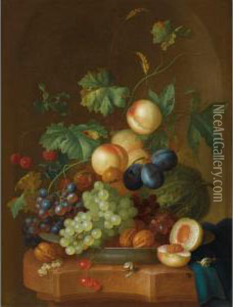 Other Properties
 

 
 
 

 
 A Still Life With Peaches, Grapes, Plums, A Melon, Cherries, Wallnuts, Chestnuts On A Wan-li Porcelain Plate, Together With Two Snails On A Marble Ledge, Draped With A Bl Oil Painting - Johan Christian Roedig