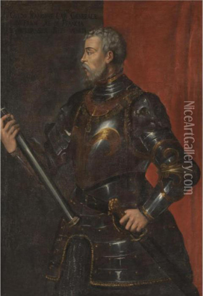 Portrait Of The The Condottiere 
Guido Rangoni (d. 1543), Half Length, Wearing Armour And Holding A 
Marshal's Baton Oil Painting - Tiziano Vecellio (Titian)