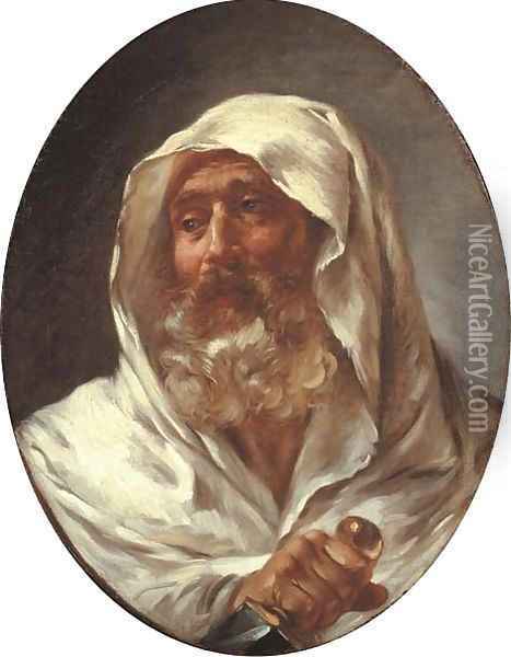 Head of a bearded man in a white cloak holding a dagger Oil Painting - Jean-Honore Fragonard