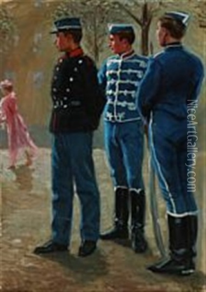 Three Soldiers Admiring A Woman Dressed In Pink Oil Painting - Erik Ludwig Henningsen