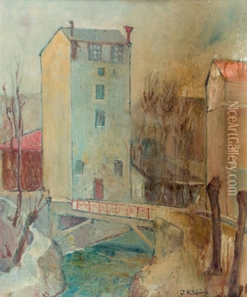 Stadtansicht Mit Kleinem Fluss Oil Painting - Johann Robert Schuerch