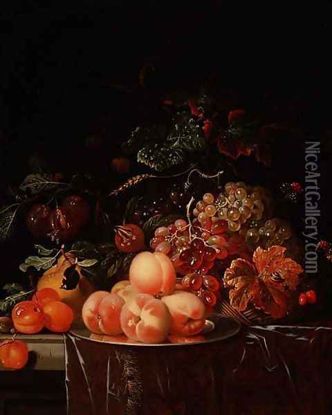 Still Life with Peaches and Grapes Oil Painting - Ernst Stuven