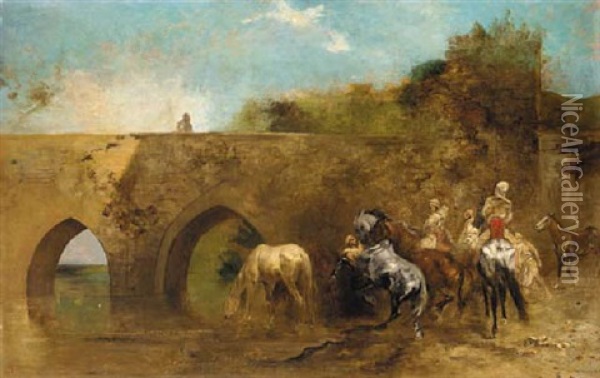 Bedouins Watering Thier Horses Oil Painting - Eugene Fromentin