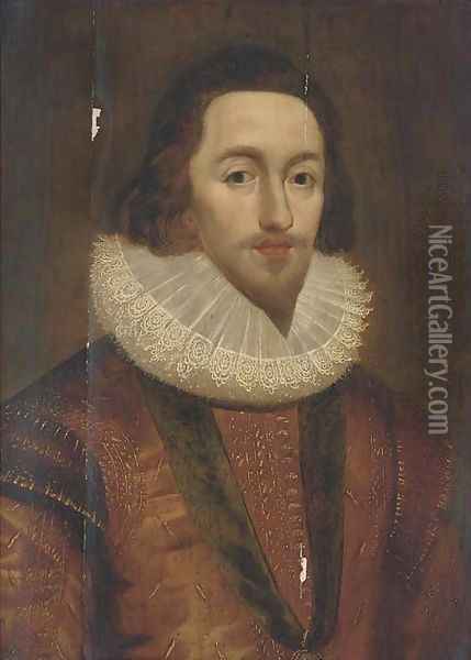 Portrait of George Villiers, 1st Duke of Buckingham, in a gold doublet and lace ruff, wearing the Order-of-the-Garter Oil Painting - Johnson, Cornelius I