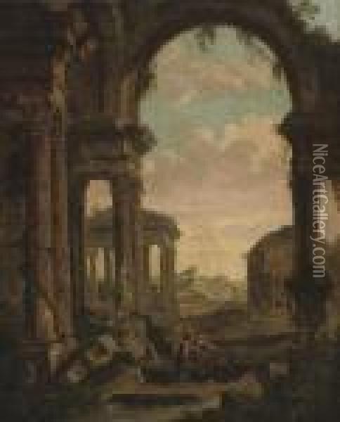An Architectural Capriccio With Figures Amongst Classical Ruins, The Pantheon Beyond Oil Painting - Giovanni Niccolo Servandoni