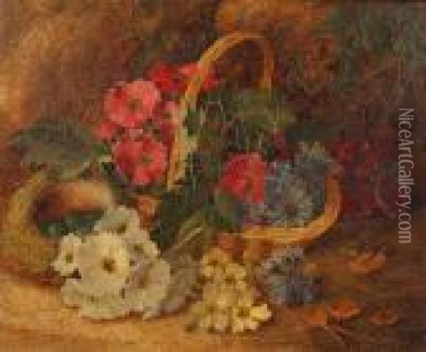 Still Life Of Grapes In A Basket, And Anotherof Flowers On A Mossy Bank A Pair Oil Painting - Vincent Clare