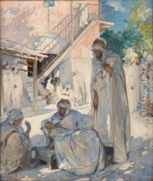 Les Joueurs Pres De La Place (orientaliste) Oil Painting - Jules Van Biesbroeck