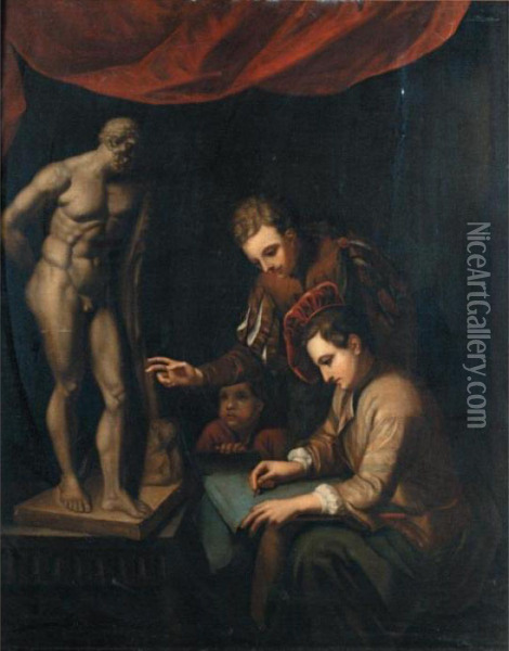 Interior With Young Artists 
Recieving Instruction While Sketching From A Model Of The Farnese 
Hercules Oil Painting - Godfried Schalcken