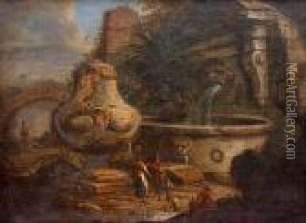 Pilgrims At A Fountain Oil Painting - Giovanni Niccolo Servandoni