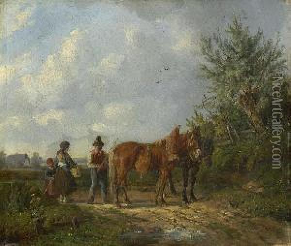 Bauernfamilie Mit Zwei Pferden Auf
 Dem Feldweg. Oil Painting - Ludwig Hartmann